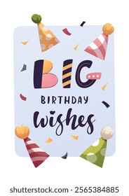 Birthday greeting card with party hats. Handwritten lettering. Vector illustration for card, postcard, poster.