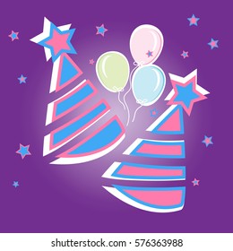 Birthday greeting card with party hats and balloons, vector illustration. Birthday party background in flat design style