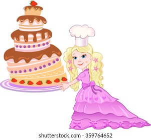 Birthday greeting card.Tea party invitation. Fairytale princess with cake in her arms. Little queen. Invitation for party.