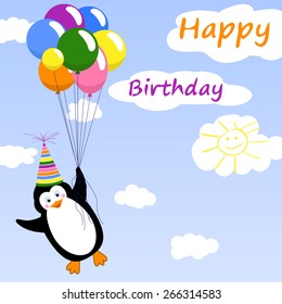 Birthday greeting card with penguin and balloons - vector illustration