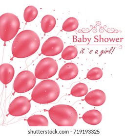 Birthday greeting card with pink balloons. Festive holiday template.