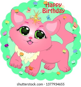 birthday greeting card with pink cat. cartoon vector illustration.