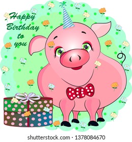birthday greeting card with pink pig. cartoon vector illustration.