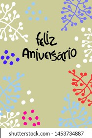 Birthday greeting card in Portuguese. Text says Happy Birthday. Hand lettering with minimalist floral decoration