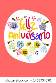 Birthday greeting card in Portuguese. Text says Happy Birthday. Hand lettering with colorful floral decoration