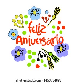 Birthday greeting card in Portuguese. Text says Happy Birthday. Hand lettering with colorful floral decoration