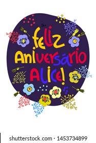 Birthday greeting card in Portuguese. Text says Happy Birthday Alice. Hand lettering with colorful floral decoration