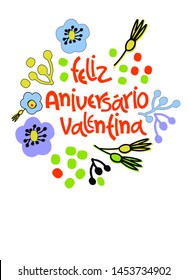 Birthday greeting card in Portuguese. Text says Happy Birthday Valentina. Hand lettering with colorful floral decoration