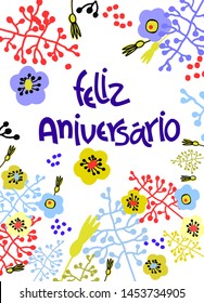 Birthday greeting card in Portuguese. Text says Happy Birthday. Hand lettering with colorful floral decoration