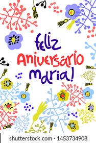 Birthday greeting card in Portuguese. Text says Happy Birthday Maria. Hand lettering with colorful floral decoration