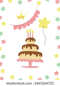 Birthday greeting card or poster with cake and candles, balloon, crown and greeting garland. Vector typographic illustration in textured flat style and candy colors isolated on white background