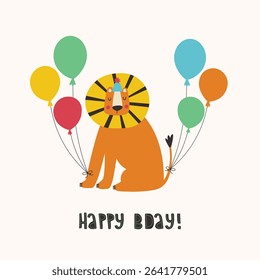 Birthday greeting card or poster with funny lion in party hat and colorful balloons.
