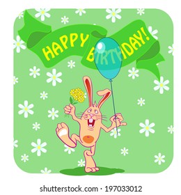 birthday greeting card with rabbit, vector illustration