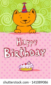 Birthday greeting card with red cat