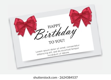 Birthday greeting card with red ribbons and message in elegant font, great for celebration themes.