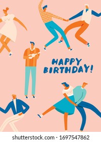 Birthday Greeting Card With Retro Sock Hop Dancers Dancing On The Party In 50s Retro Style.