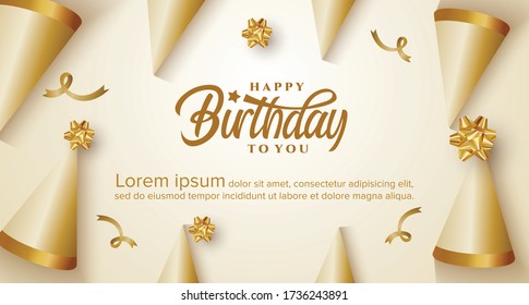 Birthday Greeting Card With Ribbon Background. Gold Birthday Lettering With Cap And Gift Box