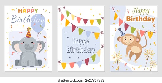 Birthday greeting card set with cute elephant, monkey, garland and confetti. Vector illustration for greeting card, poster, holiday decoration.