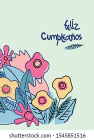 Birthday greeting card in Spanish language. Text says Happy Birthday. Hand lettering and abstract flowers on pale blue background