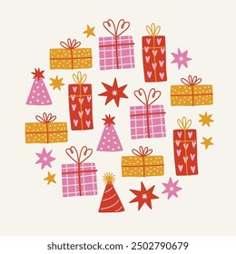 Tarjeta de felicitación de cumpleaños con estrellas, arcos y regalos sobre fondo blanco. Ornamento de círculo en estilo escandinavo. Ilustración vectorial