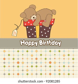 birthday greeting card with teddy bear and big gift box