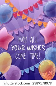Birthday greeting card template. Banner, flyer with colorful balloons. Happy birthday! Invitation design for holiday, anniversary, party