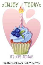 Birthday greeting card template. Banner, flyer with cupcake with cream, blueberries and candle. Make a wish! Invitation design for holiday, anniversary, party.