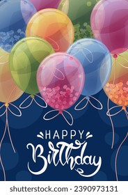 Birthday greeting card template. Banner, flyer with colorful balloons. Happy birthday! Invitation design for holiday, anniversary, party