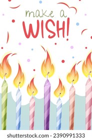 Birthday greeting card template. Banner, flyer with candles. Make a wish! Invitation design for holiday, anniversary, party.