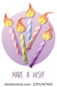 Birthday greeting card template. Banner, flyer with candles. Make a wish! Invitation design for holiday, anniversary, party.