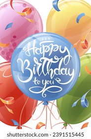 Birthday greeting card template. Banner, flyer with colorful balloons. Happy birthday! Invitation design for holiday, anniversary, party