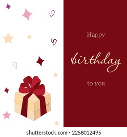 Birthday greeting card template with gift box and holiday elements drawn in doodle style
