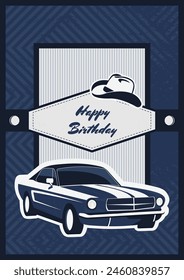 Birthday greeting card template, Happy Father's Day. Brutal male design in blue with retro style car. Vector