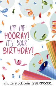 Birthday greeting card template. Party popper. Banner, flyer with crackers, fireworks, serpentine and confetti. Invitation design for holiday, anniversary, party.