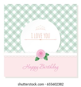 Birthday greeting card template. Round frame on plaid background. Shabby chic design. 