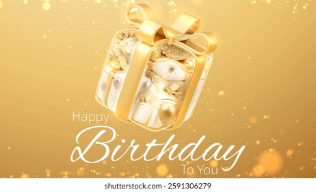 Birthday greeting card template with transparent gift box Golden balloons and ribbons decorated with glowing lights and bokeh effects on a golden background.