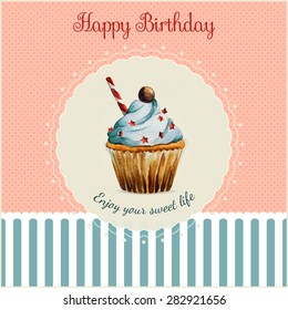 Birthday greeting card template with watercolor cupcake illustration and typographic in retro style