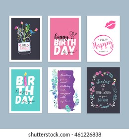 Birthday greeting card templates. Hand drawn watercolor vector illustrations for website banners, greeting cards, invitations.