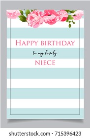 Birthday greeting card with text Happy birthday to my lovely Niece. Blue striped background with floral elements.