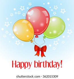 Birthday greeting card with three colorful balloons and red bow