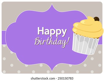 birthday greeting card, vanilla bean cupcake with a butter cream topped with a small chocolate candy on polka dot background