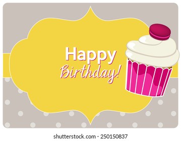 birthday greeting card, vanilla bean cupcake with a small raspberry macaroon on top on polka dot background