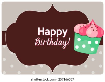 birthday greeting card, vanilla bean cupcake with fresh strawberry butter cream frosting on top on polka dot background