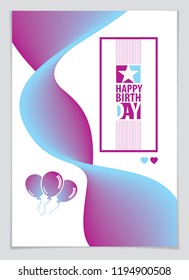 Birthday greeting card vector design. Includes lettering composition and balloons combined with wavy fluid colorful shape abstract background. A4 format with CMYK colors acceptable for print.