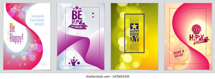 Birthday greeting card vector design. Includes lettering composition and balloons combined with wavy fluid colorful shape abstract backgrounds collection. 