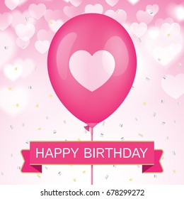 Birthday greeting card vector design. Pink ballon with ribbon and colorfull confetti on a blue bokeh background.