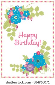 Birthday greeting card, vector isolated illustration, floral frame with forget-me-not flowers