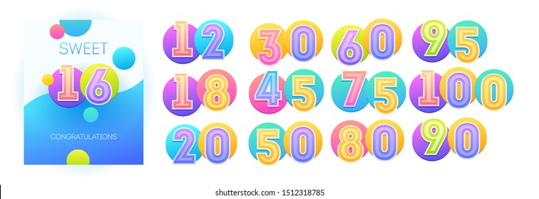 Birthday greeting card vector numbers set. Cartoon numerals illustrations pack. Happy jubilee congratulation concept. Sweet 16 years B-day, anniversary creative postcard design elements