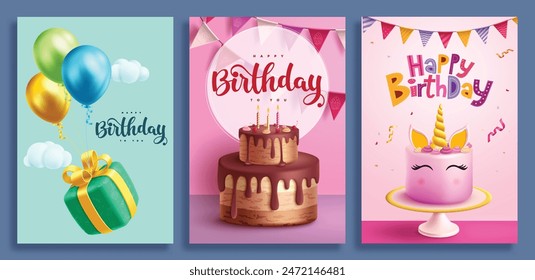 Birthday greeting card vector poster set design. Happy birthday greeting text with gift box floating balloons, chocolate and unicorn strawberry cake for invitation card collection. Vector illustration