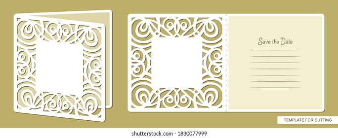 Birthday greeting card or wedding invitation with cut openwork pattern. Lines and text - Save the Date. Layout for plotter laser cutting (cnc) of paper, cardboard. Vector illustration.